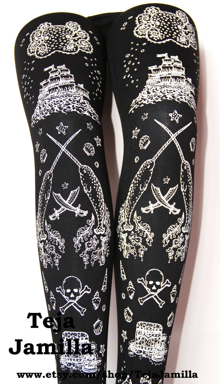 Pirate Tights Black and White Extra Large Narwhal Printed Plus Size XL White on Black Womens Nautical Tattoo Sailor Octopus Squid Anchor