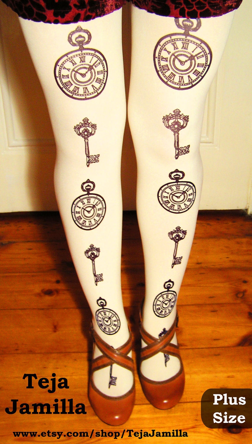 Pocket-Watch & Keys Printed Tights Plus Size Extra Large Black Pearl on Deep Cream Women Victorian Gothic Lolita Steampunk Print