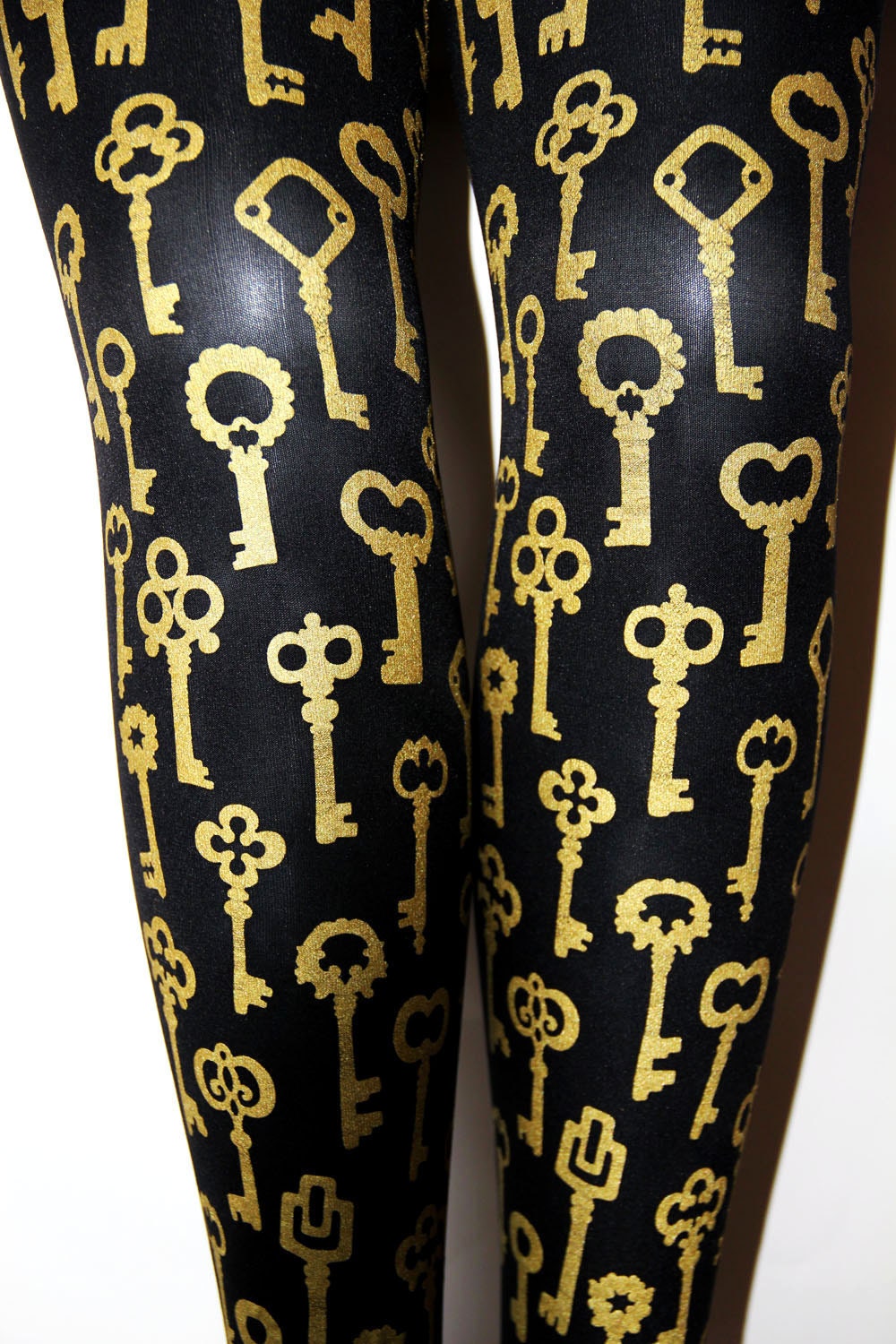 Printed Tights Small Medium Antique Keys Gold on Black Women Womens Steampunk Victorian