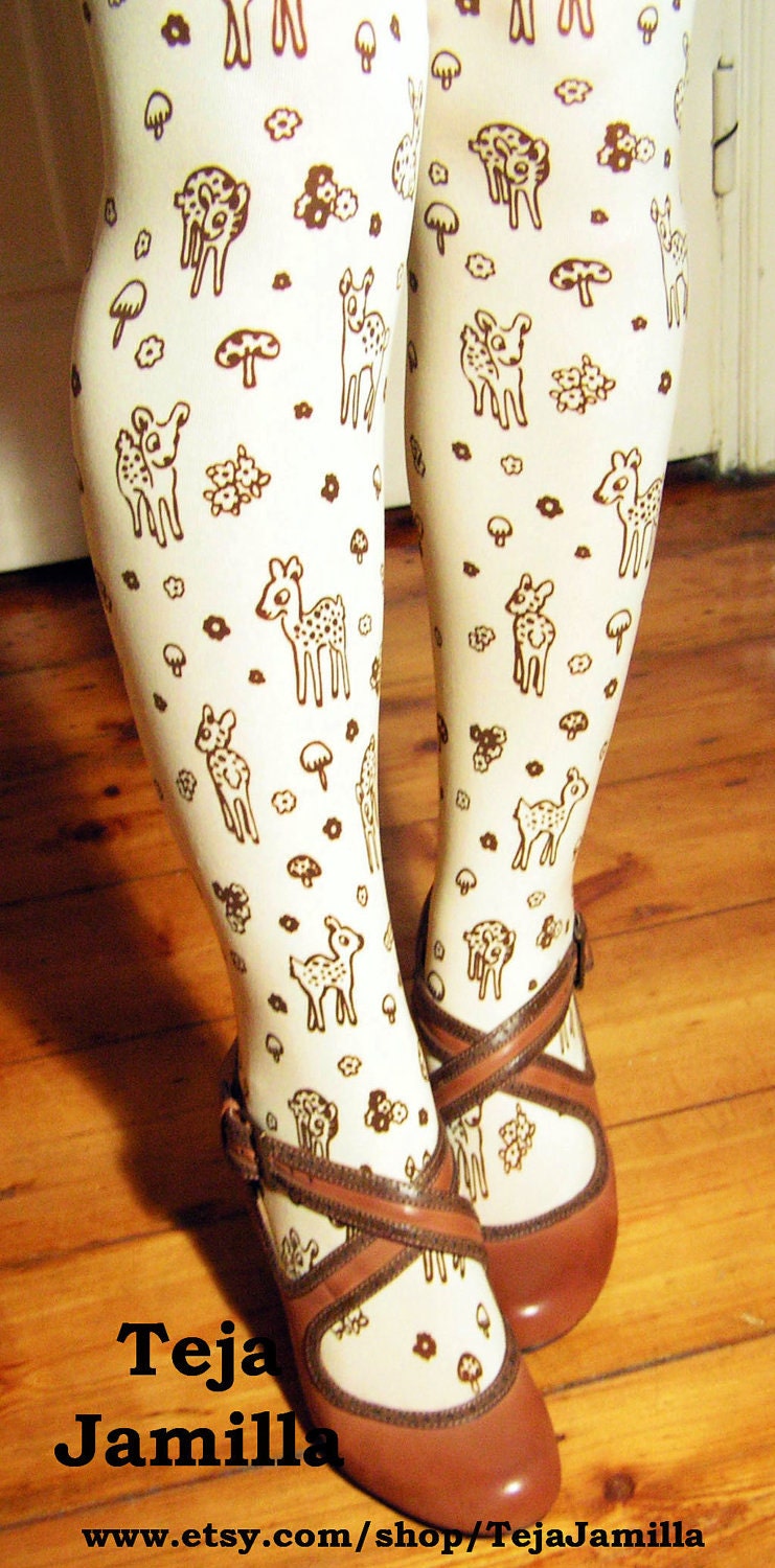Deer Tights Fawn & Mushroom Print Small Medium Brown on Cream Women Mori Girl Forest Toadstool Woodland Floral Flowers