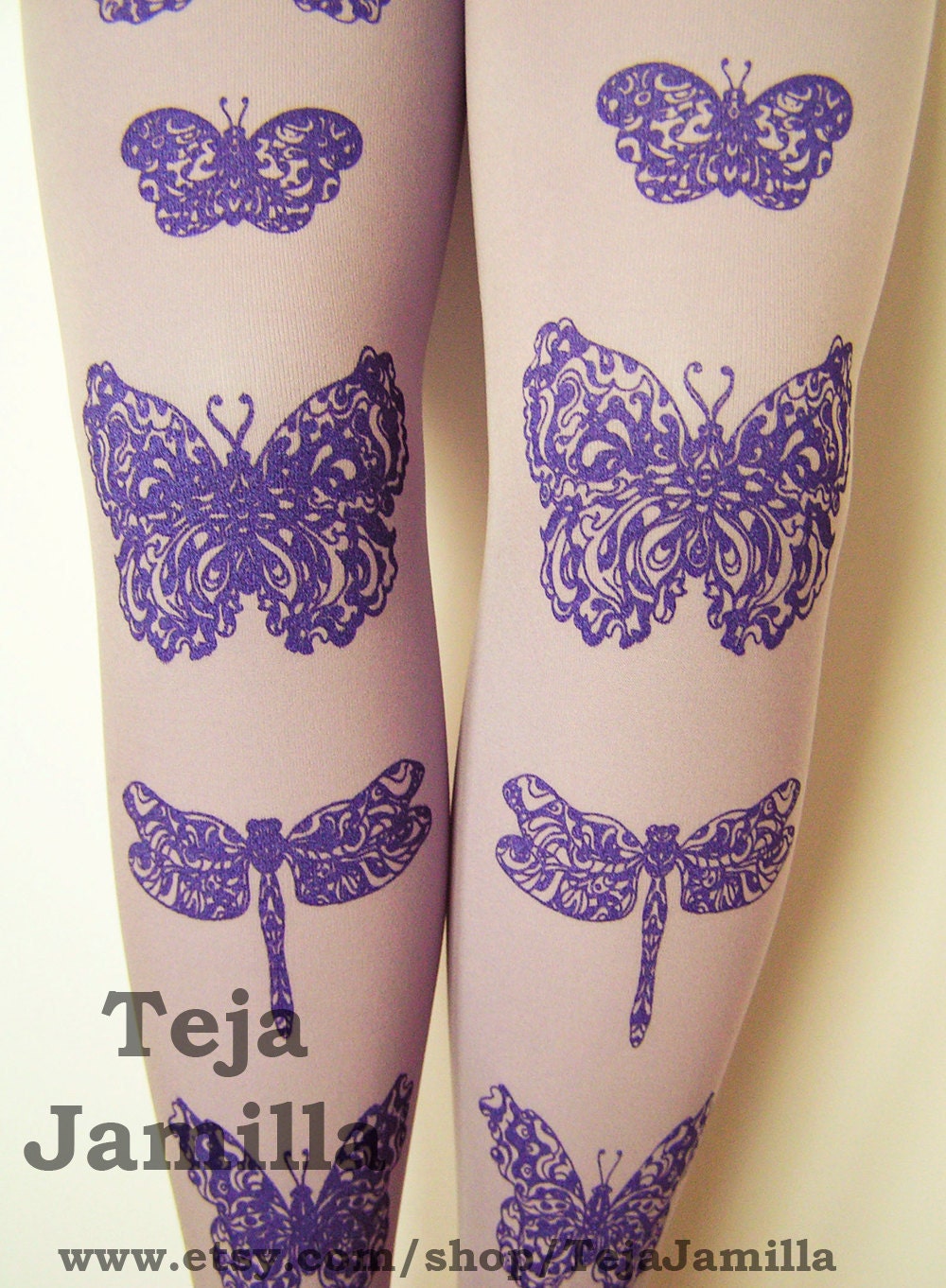 Butterflies and Dragonflies Printed Tights Plus Size Extra Large Black Pearl on Lavender Lilac Purple PastelWomen Butterfly Dragonfly Print