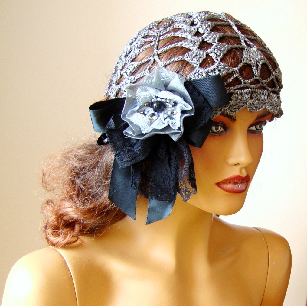 Crochet Gray Bridal Lace Hat, Ribbon, Lace, Wedding Accessories, Bride Bridesmaid Hat, Summer Fashion, Party, Dance