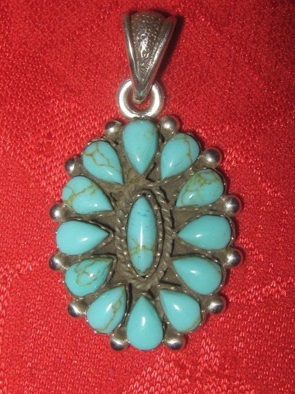 925 Sterling Silver Vintage Turquoise Flower Pendant