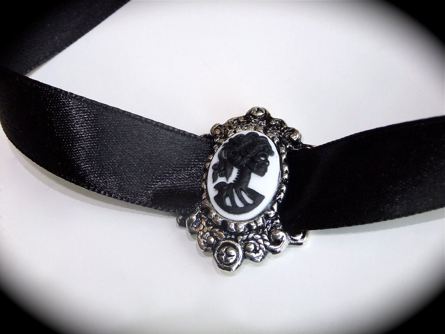 SALE- Gothic Lolita Choker- Sm Lady Skeleton Cameo in Black & White on Ornate Antique Silver Adjustable Black Ribbon Skull Necklace