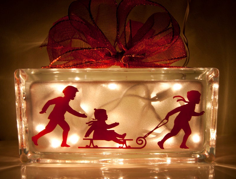 Vintage Look Red Holiday Children Sledding Christmas Night Light Glass Block