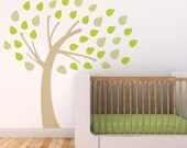 Kids Wall Decal, Large Beige Tree with Green Leaves for Children's Room and Baby Nursery. Windy Tree Children Wall Decal