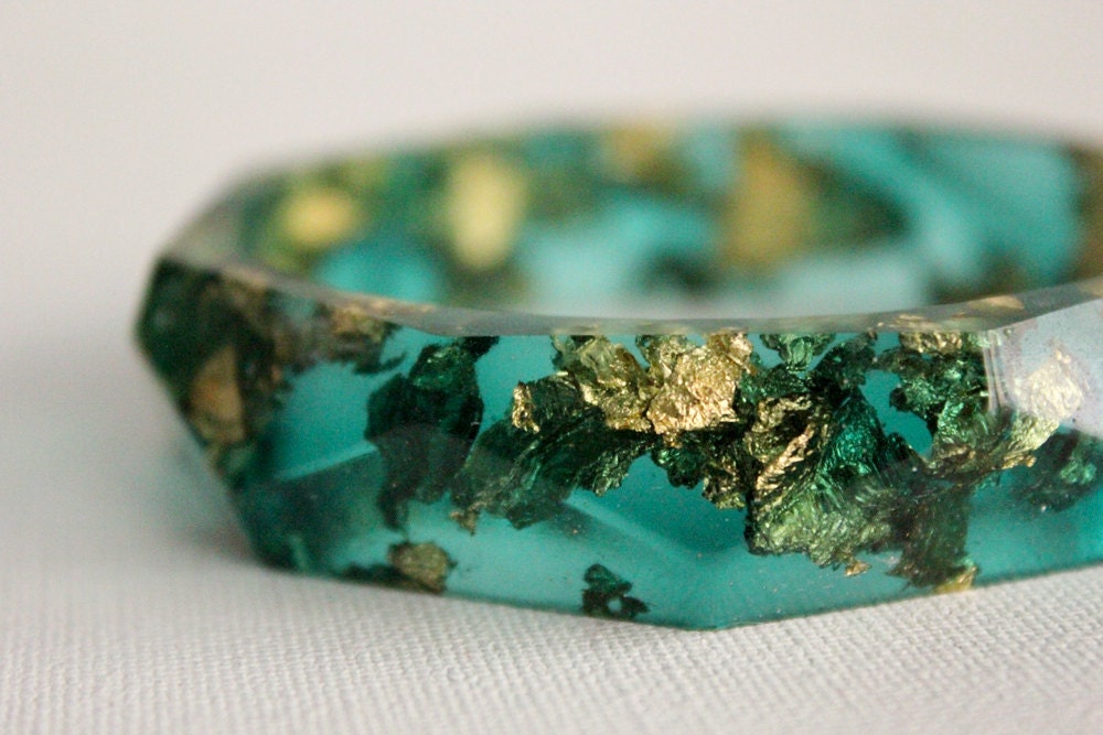 Emerald green with gold flakes eco resin faceted bracelet bangle