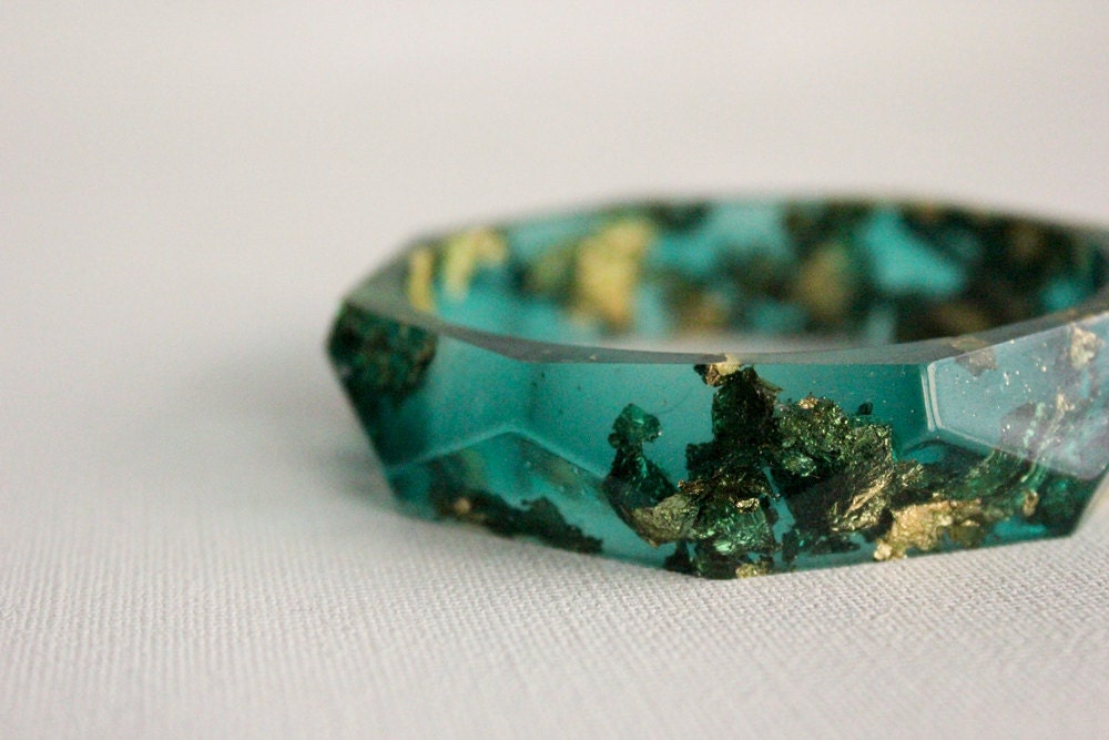 Emerald green with gold flakes eco resin faceted bracelet bangle