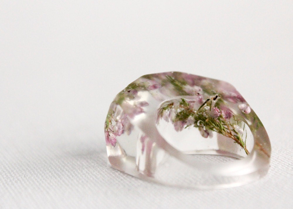 pale pink heather flower multifaceted eco resin ring