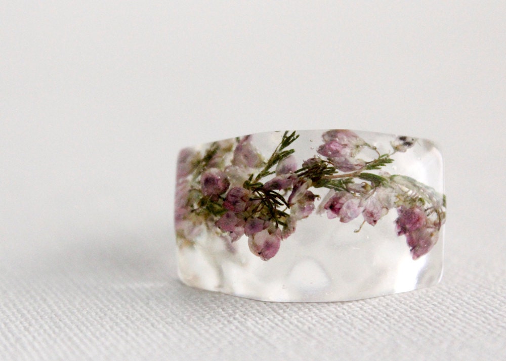 pale pink heather flower multifaceted eco resin ring