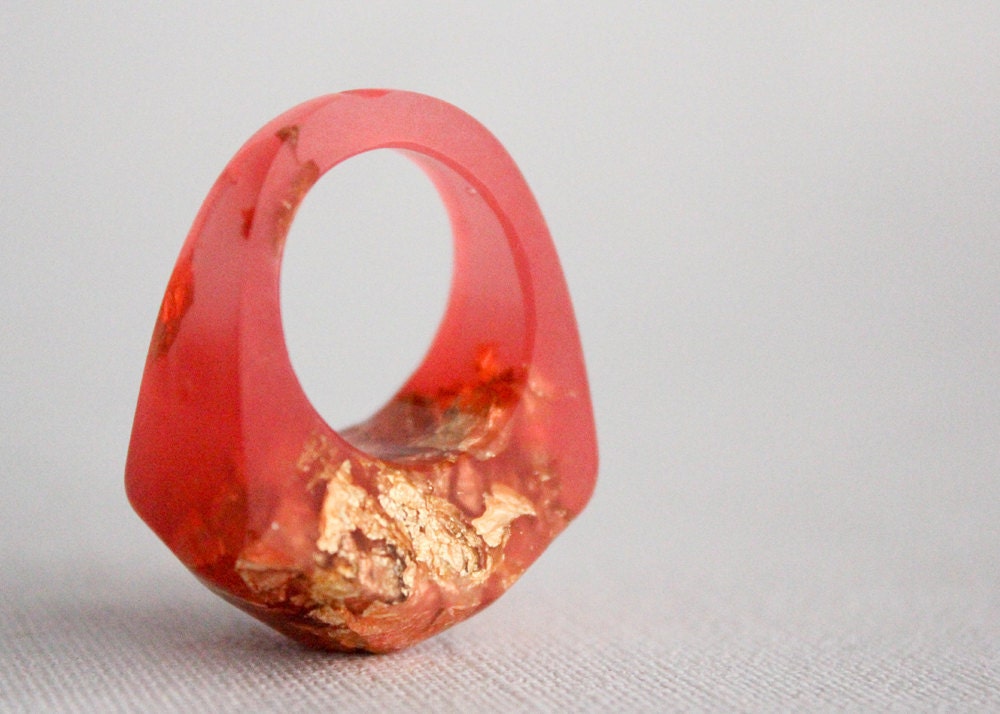 red grapefruit eco resin faceted ring with gold leaf