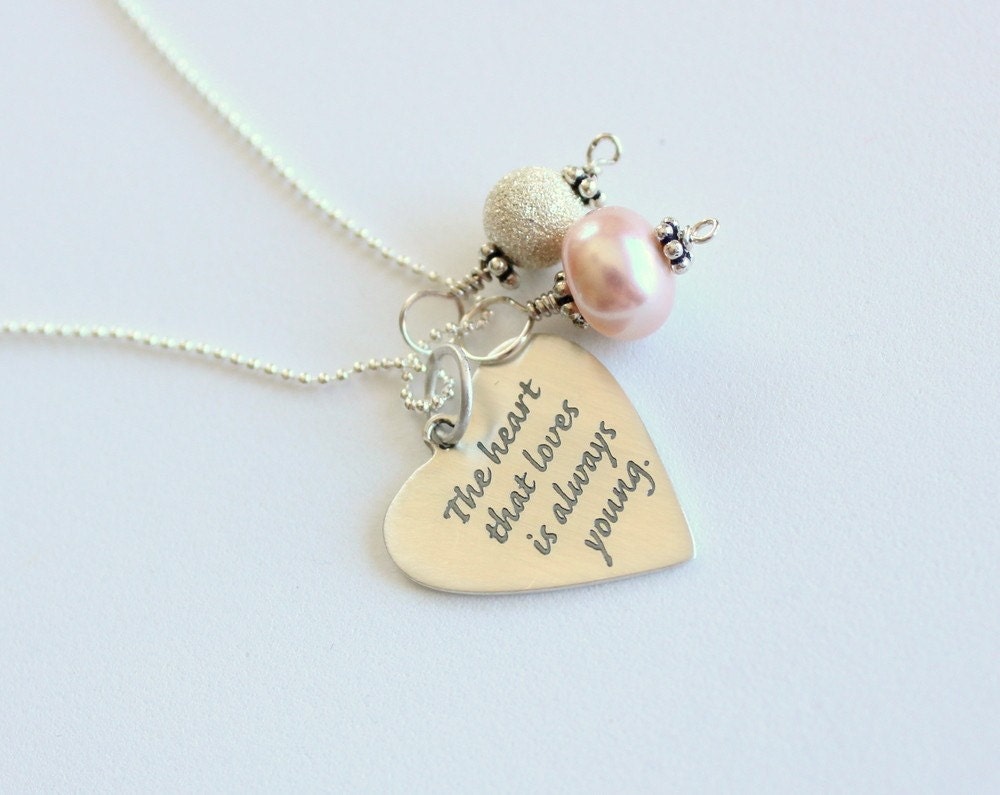 Gift For the Bride, Bridal Gift, Bridesmaids, Graduation Gift For Loved Ones, Pink Pearl Heart Quote Necklace, Inspiration, Love, Romance