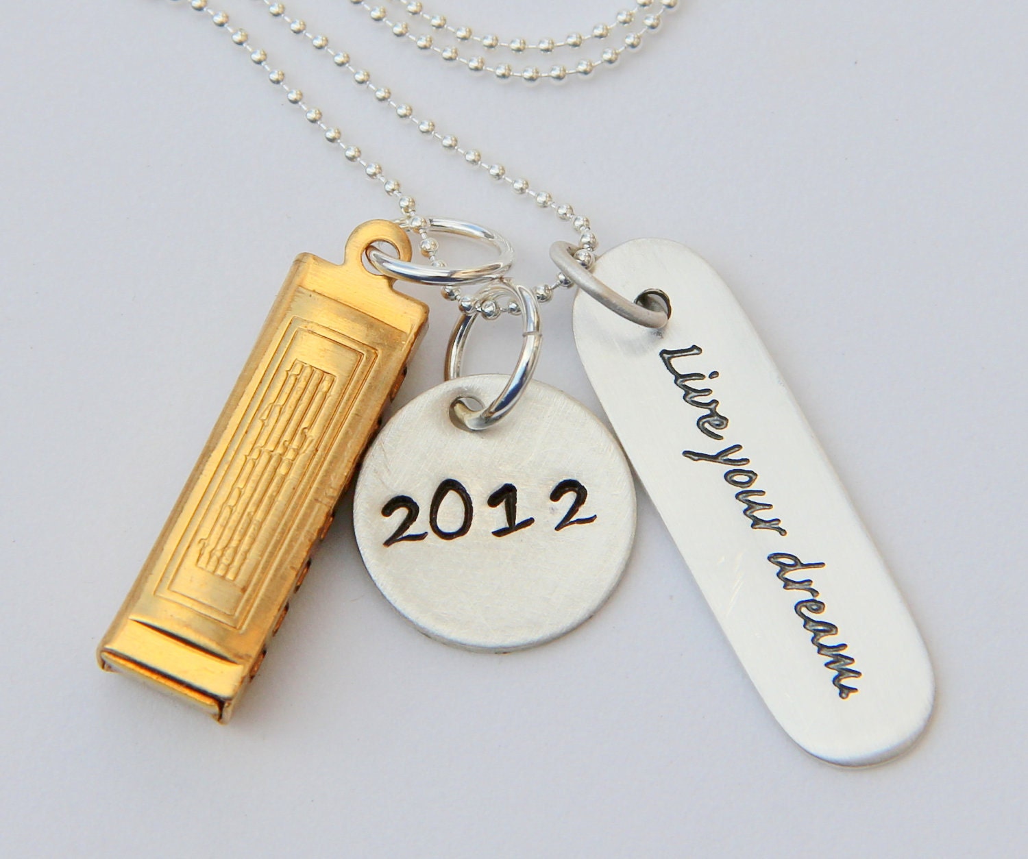 Sterling Live Your Dream Poetry Quote Necklace, Harmonica Charm, Music Necklace, 2012 Grad Year Charm, Harmonica, Gift For Actress Musician