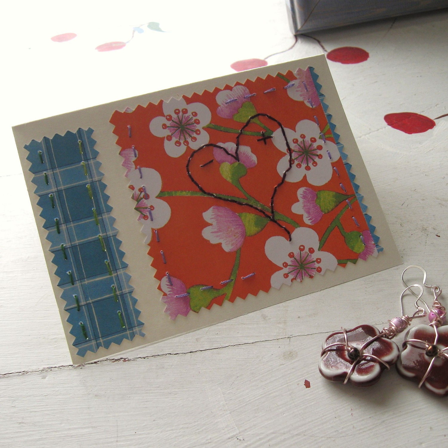BLANK CARD HEART Valentine Love Anniversary Flowers Hand Stitched "Cherry Blossoms"