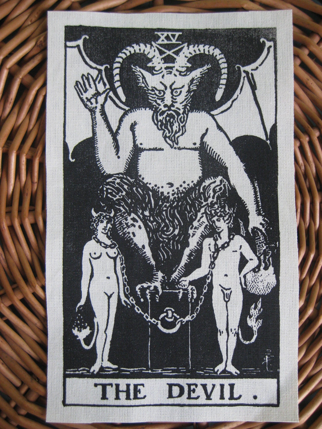 The Devil Tarot Card handmade screen printed patch, black on natural