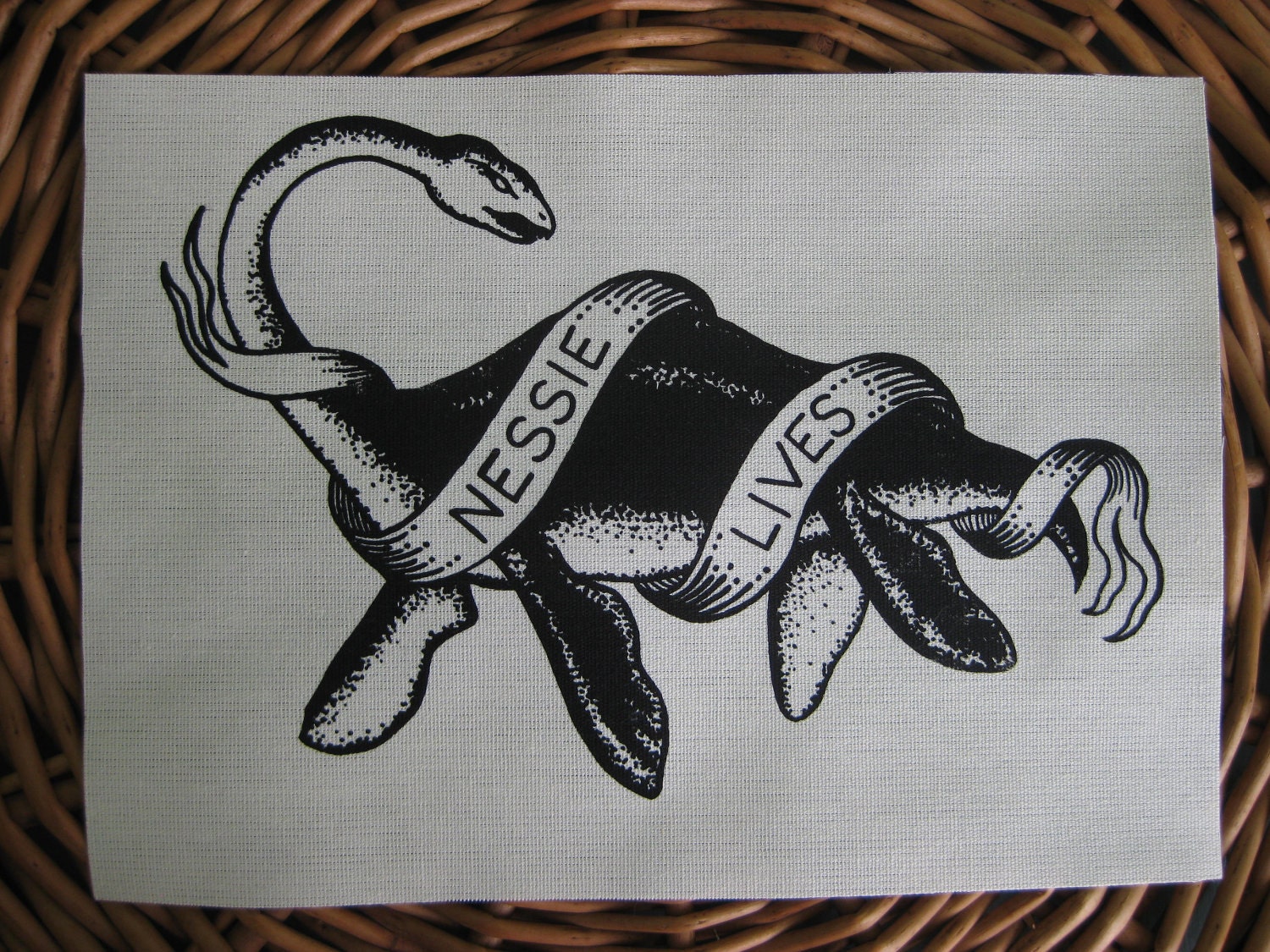 Large Nessie Lives Loch Ness Monster handmade screen printed canvas patch, black on natural.