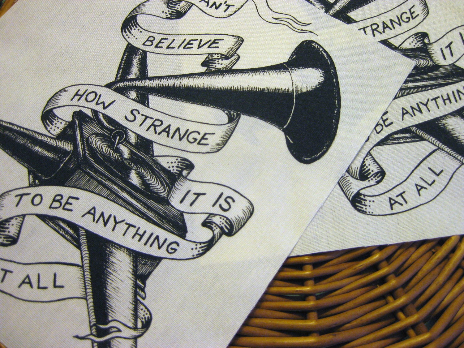 Neutral Milk Hotel inspired Phonograph and Banner Handmade Screen Printed BACK PATCH, black on natural.