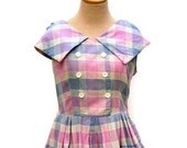 1940s -1950s Summer Dress in Pink and Blue Plaid -- as is --