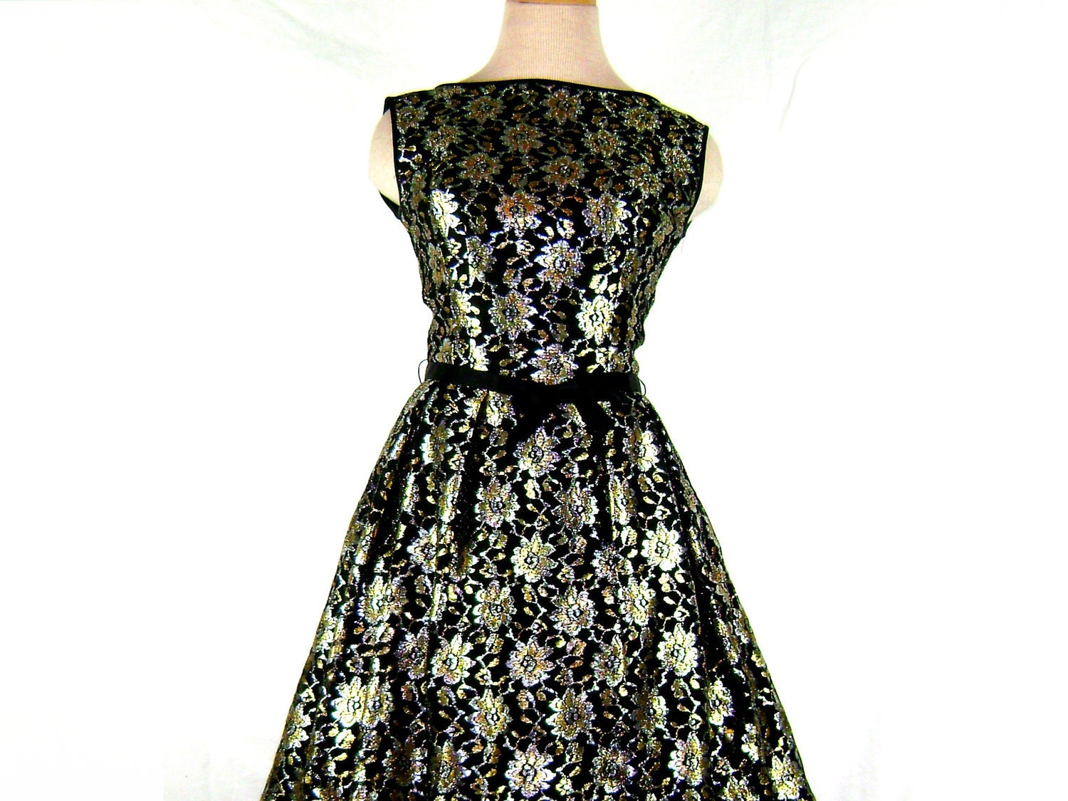1950s - 1960s Party Dress - Full Skirt Dress in Black with Metallic Floral Embroidery