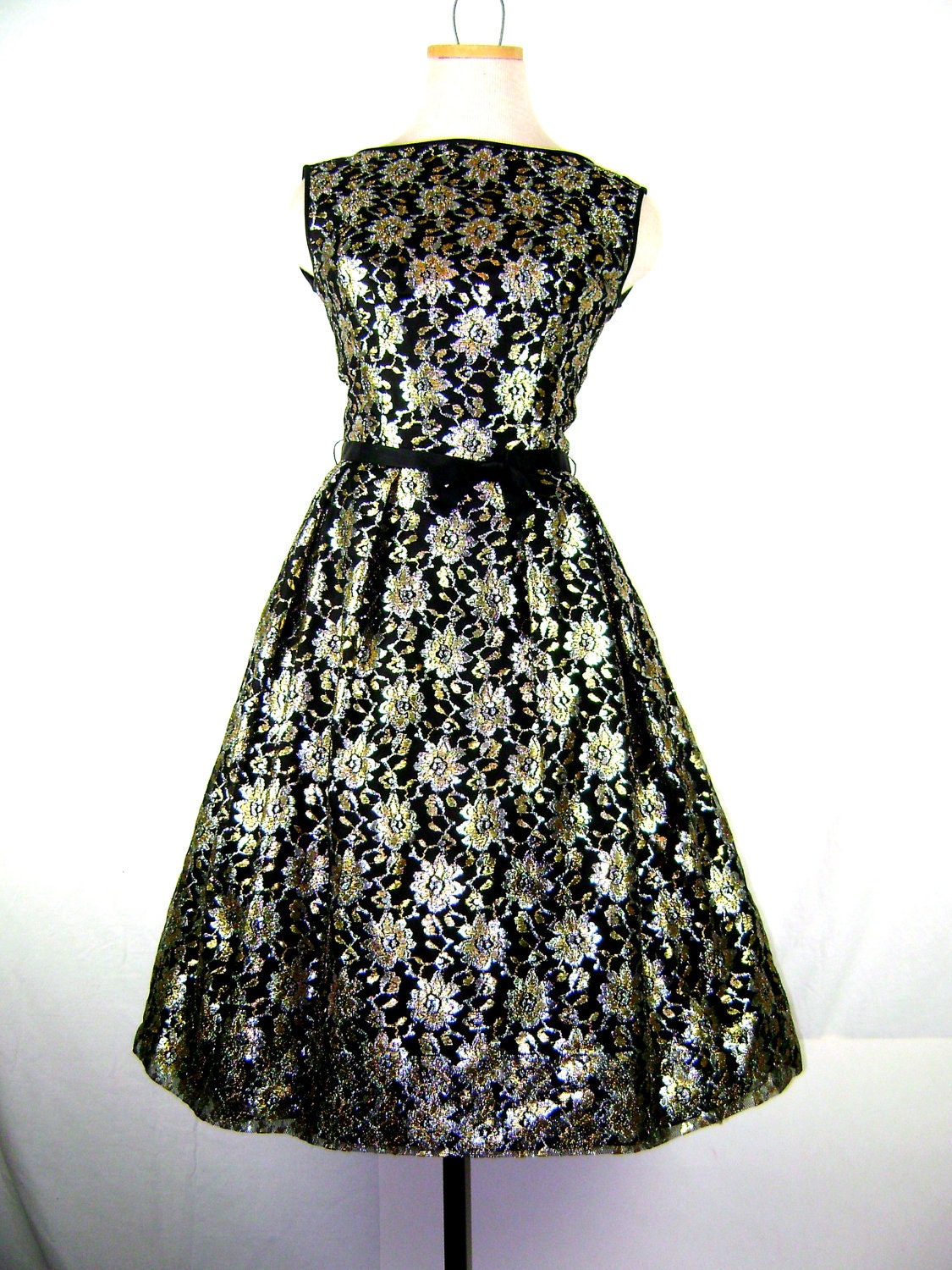 1950s - 1960s Party Dress - Full Skirt Dress in Black with Metallic Floral Embroidery