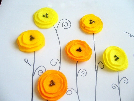 6 Sunshine Felt flowers applique sew on poppy 3 shades of yellow decor school singed diy flowers europeanstreetteam