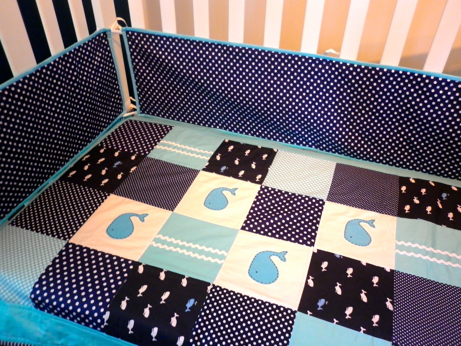 WHALE Quilt Set, Baby Boy Crib Quilt , Spot bumper set and Patchwork Pillow -Ready to ship..last of whale fabric