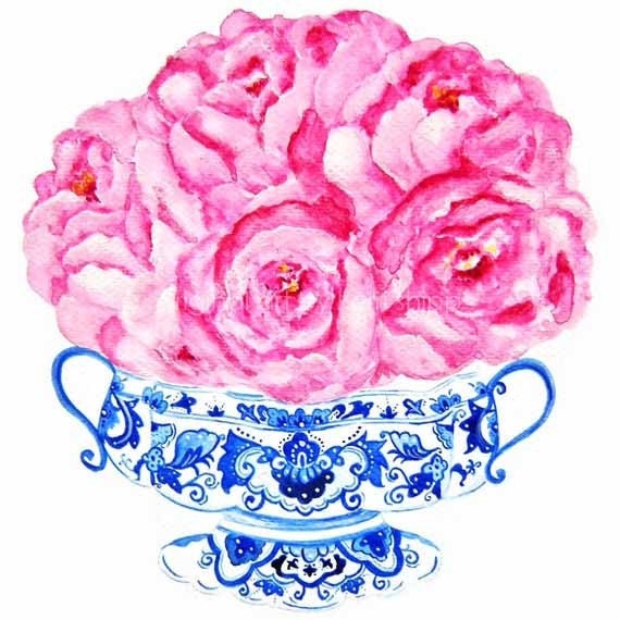 Pink Floral Watercolor - Bouquet in Flow Blue 8x10