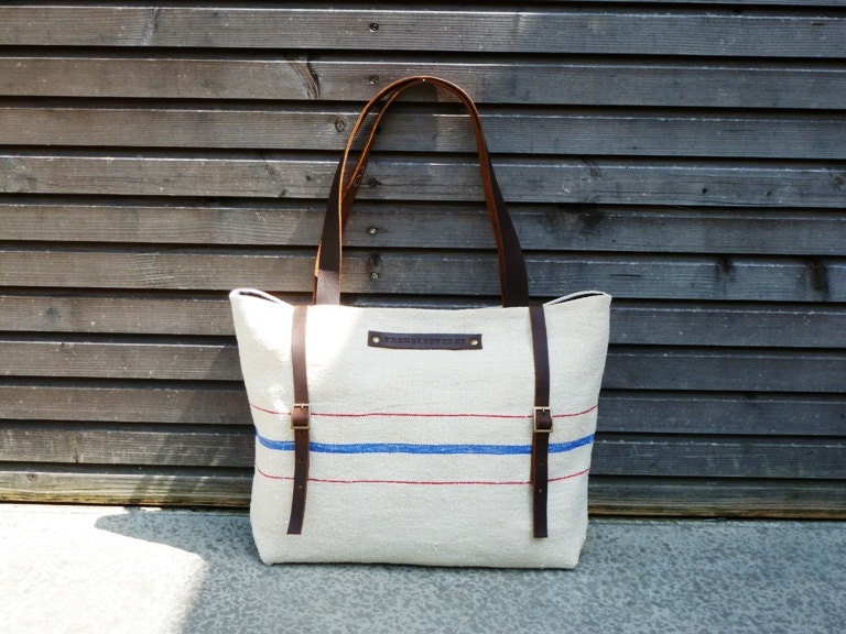 recycled antique linen carry all/tote bag with double buckle closure