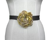 Leather Flower Headband or Sash Belt Metallic Gold on Charcoal Black Leather Ribbon custom
