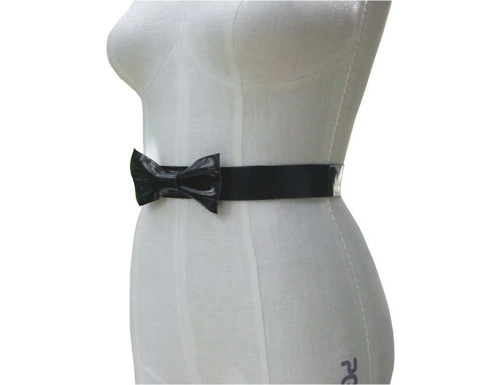 Black Patent Leather Bow Sash Belt Wedding Dress Sash Belt sz 27 28 waist