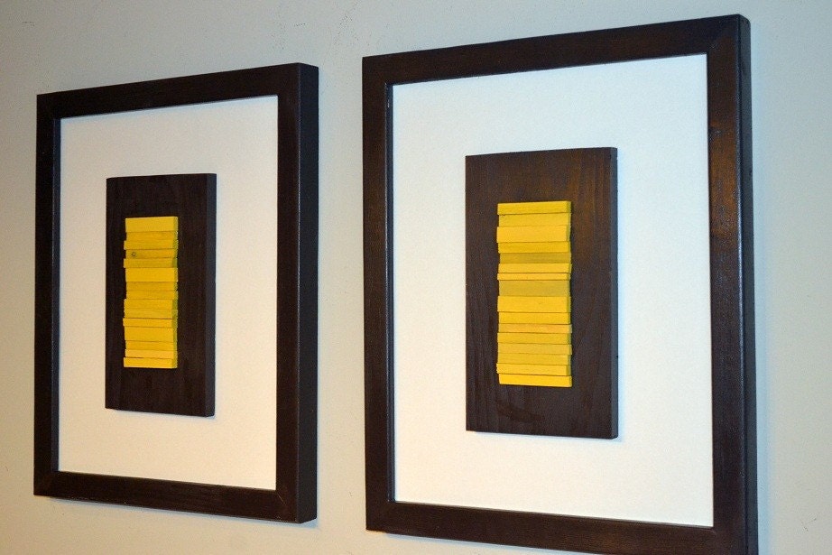 Modern Wood Sculpture Wall Art - Yellow and Brown with White Matting - 18 x 22 - SET