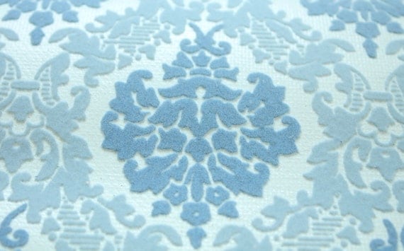 Beautiful Vintage Flocked Damask Wallpaper Shades of Blue by the Yard