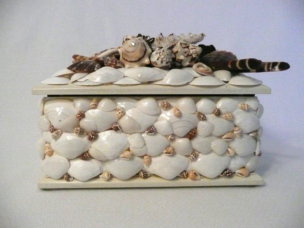 Seaside Elegance Sea Shell Box Wood Box with Swarovski Crystals for Coastal Beach Home, Office, Wedding or Mother's Day Gift