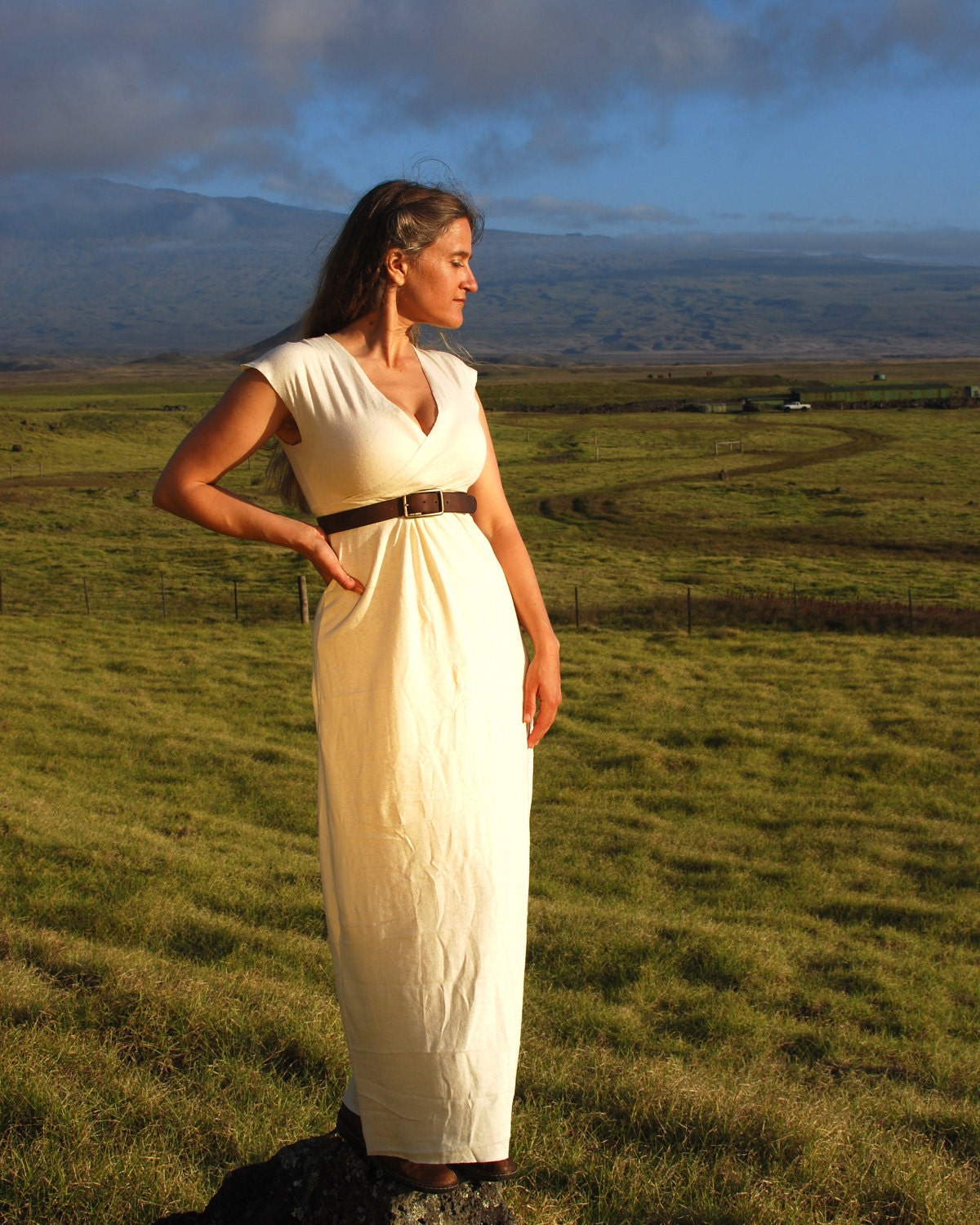 Eco Wedding Dress - Maxi Dress - Cap Sleeve - Organic Cotton Hemp Jersey - Natural Creme Color