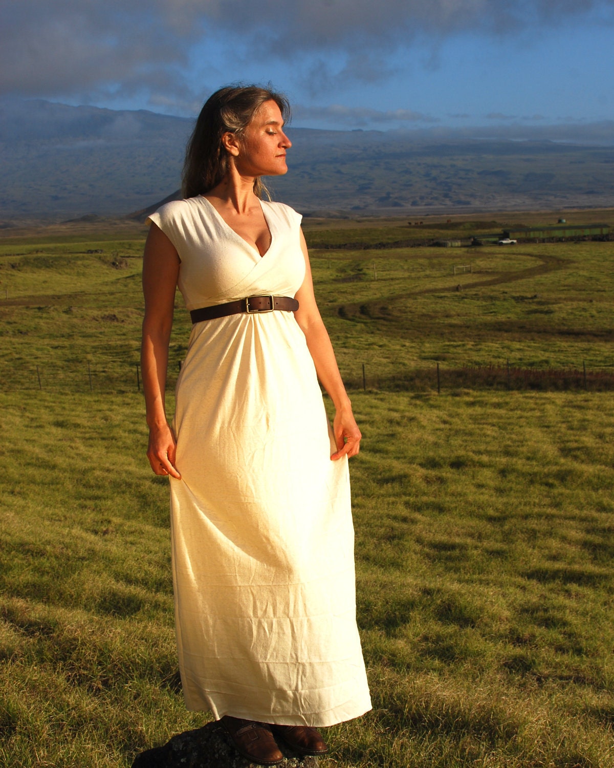 Eco Wedding Dress - Maxi Dress - Cap Sleeve - Organic Cotton Hemp Jersey - Natural Creme Color
