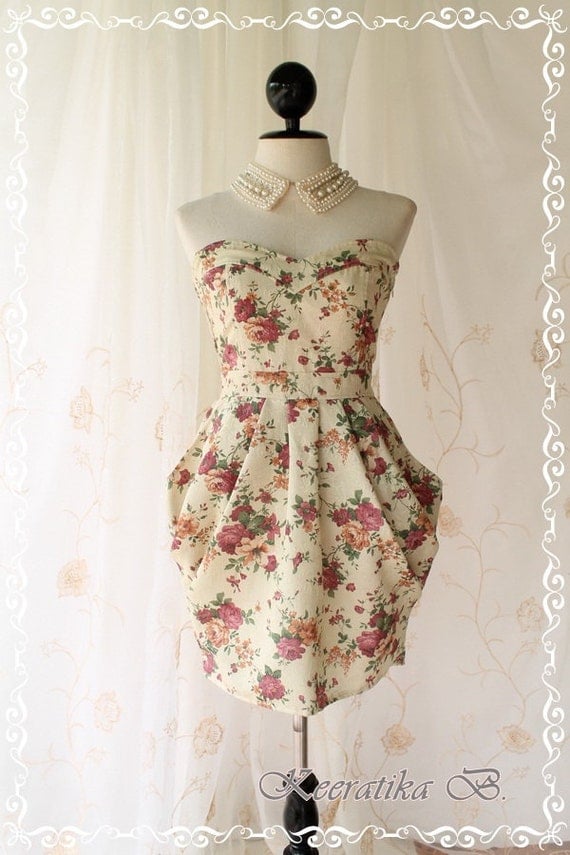 A Lovely Queen III - Strapless Classic Cocktail Dress Light Gold Playful Glamorous Floral Print Party Prom Wedding Bridesmaid Puffed Skirt