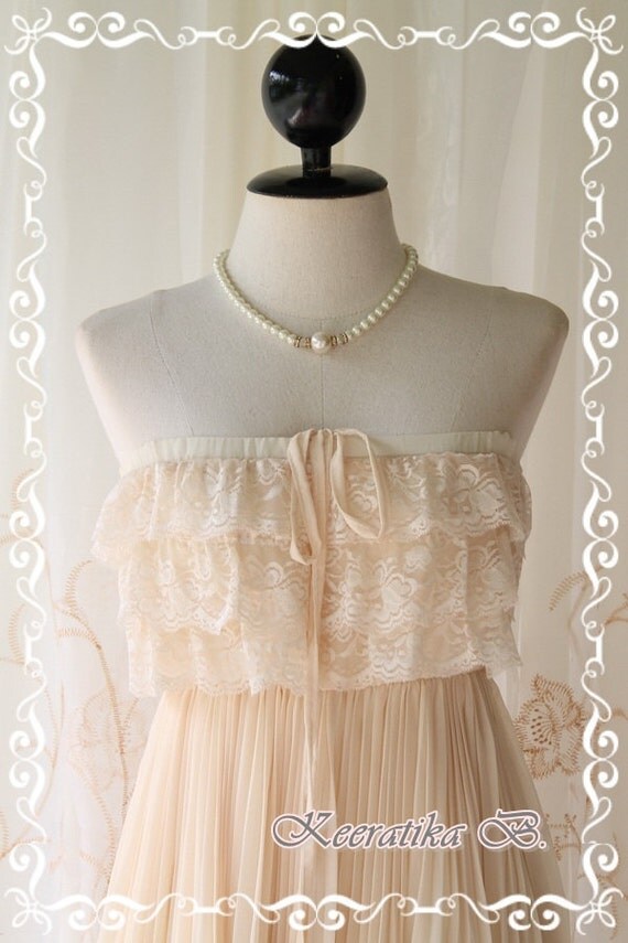 Sunshine Day Dream - Soft French Cream Pastel Toned Silk Chiffon Pleated With Matching Lacy Top Halter And Strapless Long Tunic