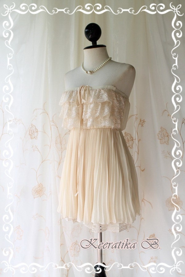 Sunshine Day Dream - Soft French Cream Pastel Toned Silk Chiffon Pleated With Matching Lacy Top Halter And Strapless Long Tunic