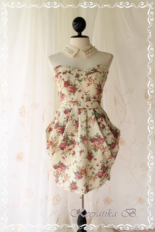 A Lovely Queen III - Strapless Classic Cocktail Dress Light Gold Playful Glamorous Floral Print Party Prom Wedding Bridesmaid Puffed Skirt