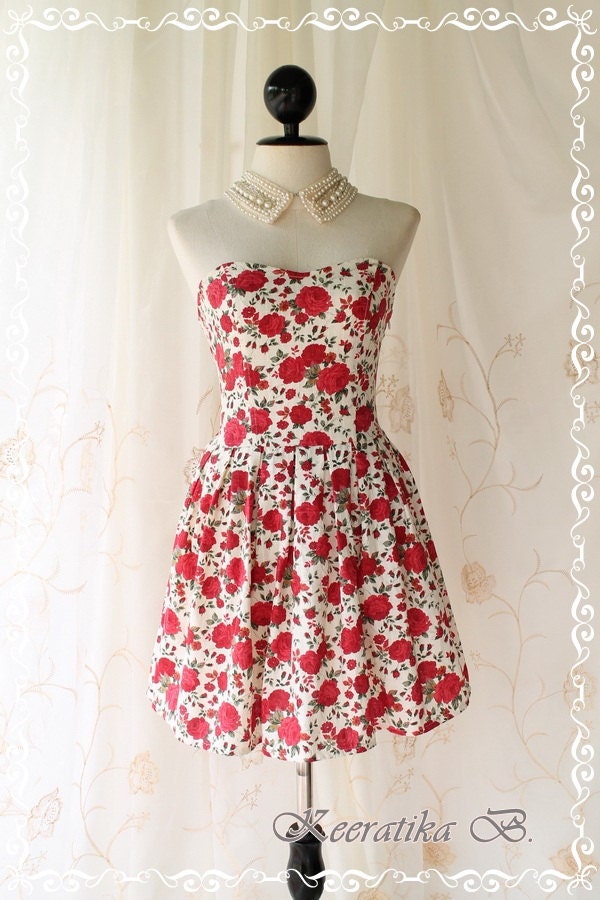 A Lovely Queen II - Strapless Classic Cocktail Dress Light Cream Playful Glamorous Floral Print Party Night Prom Wedding Bridesmaid