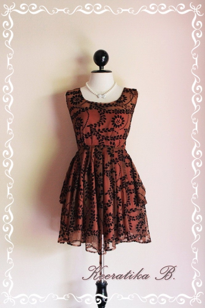 A Party Limited - Fantastic See Through Brown Fabrics Velvet Black Floral Deep Back Bow Tie Party Prom Wedding Bridesmaid Cocktail Dress