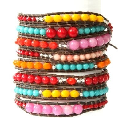 the lucky elephant Mega Leather Wrap Bracelet... Rainbow Sundance with GOOD LUCK ELEPHANT - 4.5 feet long