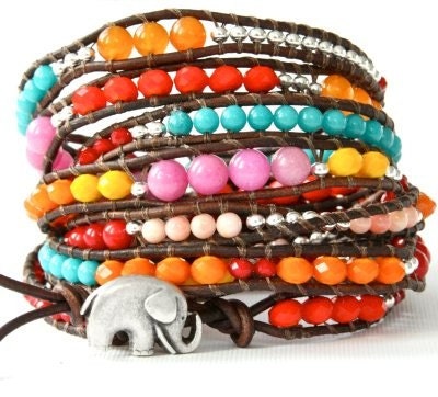 the lucky elephant Mega Leather Wrap Bracelet... Rainbow Sundance with GOOD LUCK ELEPHANT - 4.5 feet long