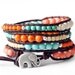 Coral and Turquoise Lucky Elephant Leather Wrap Bracelet - Mixed Beads with GOOD LUCK ELEPHANT