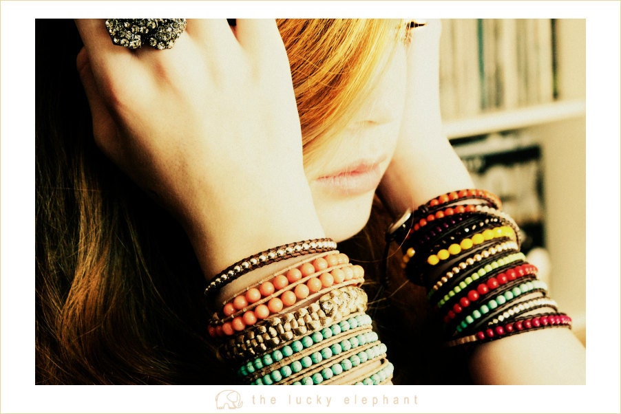 the lucky elephant Leather Wrap Bracelet - Cream Wrap River Stone with GOOD LUCK ELEPHANT