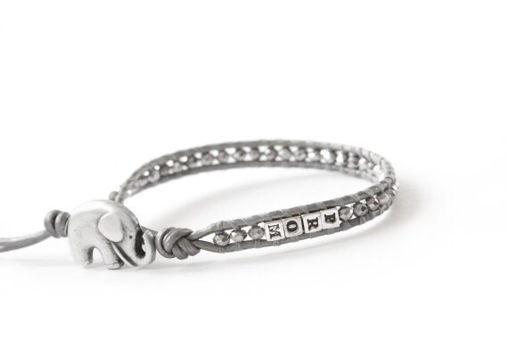 the lucky elephant Personalized Name Leather Wrap Graduation Bracelet with 4 Sterling Silver Letter Beads & GOOD LUCK ELEPHANT