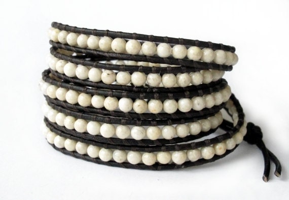 the lucky elephant Leather Wrap Bracelet - Cream Wrap River Stone with GOOD LUCK ELEPHANT
