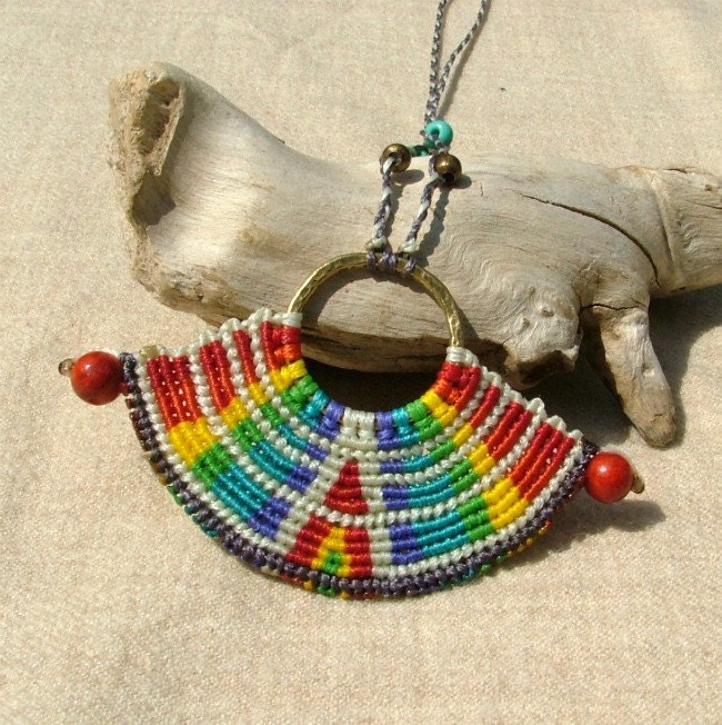 Somewhere over the rainbow beaded macrame necklace colorful red coral beads