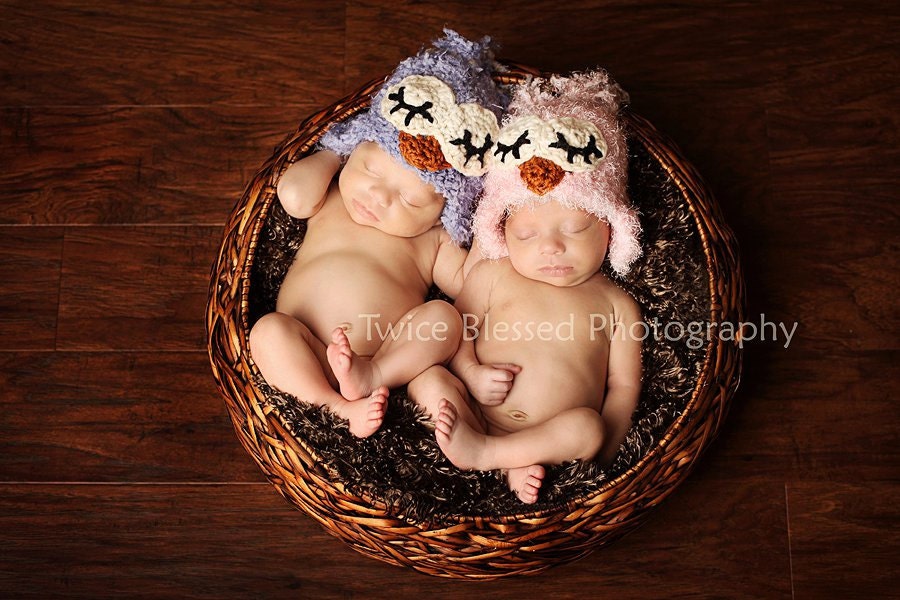 FREE SHIPPING twin  sleepy owl earflap hat set in purple and pink