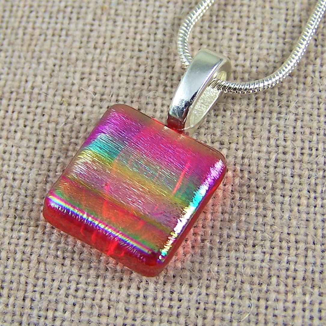 Red Dichroic Glass Pendant - Ruby Red Orange & Tie Dye Stripes - .75"